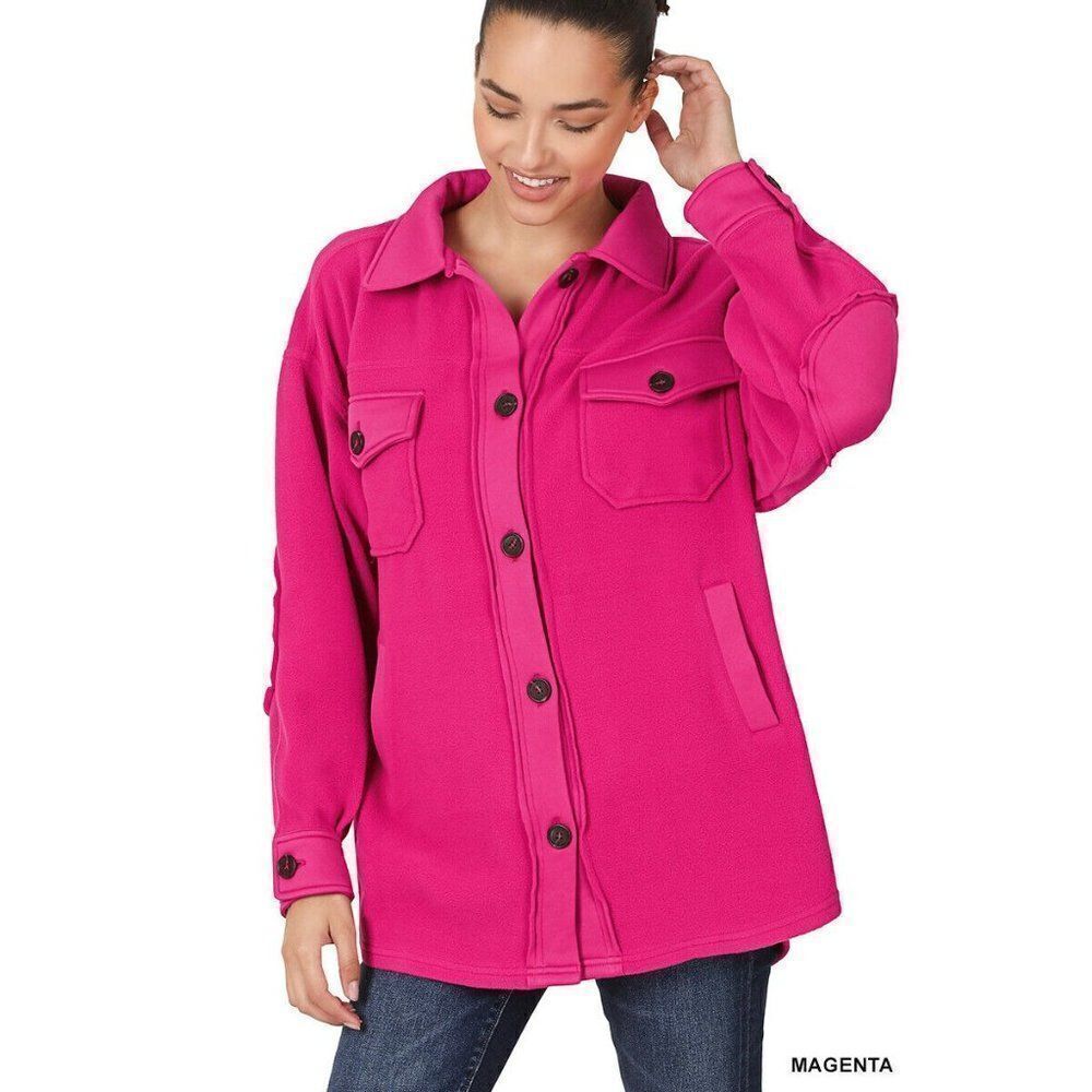 Zenana Oversized Fleece Shacket Button Up Pockets Magenta Pink S-L QJ-4000Y - Picture 2 of 2